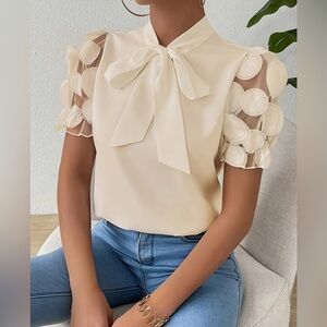 Ivory Mesh Dot Sleeve Blouse with Bow Tie – Elegant Puff Sleeve Top